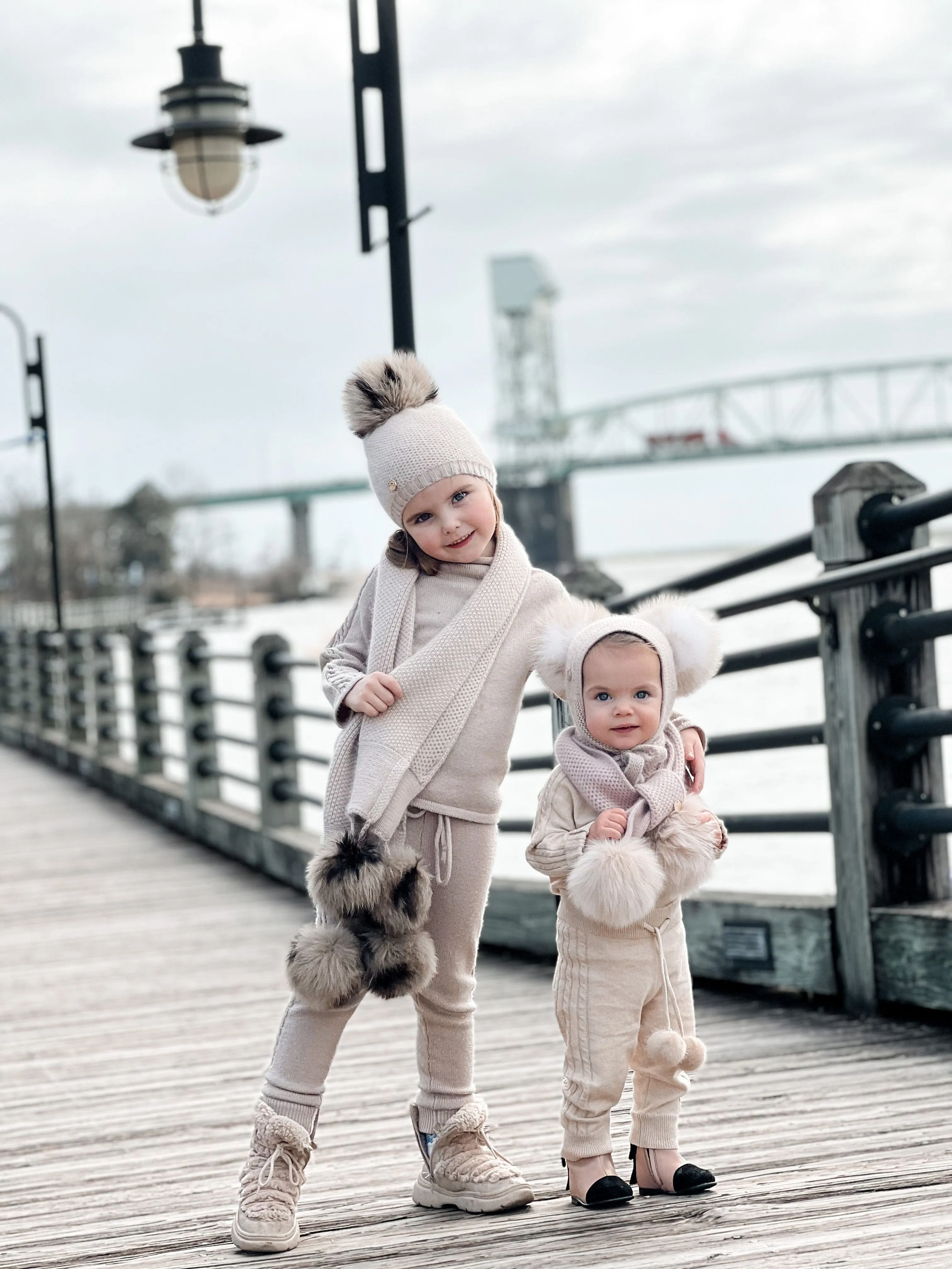 Honeycomb Beige Cashmere Beanie with Animal Print Poms