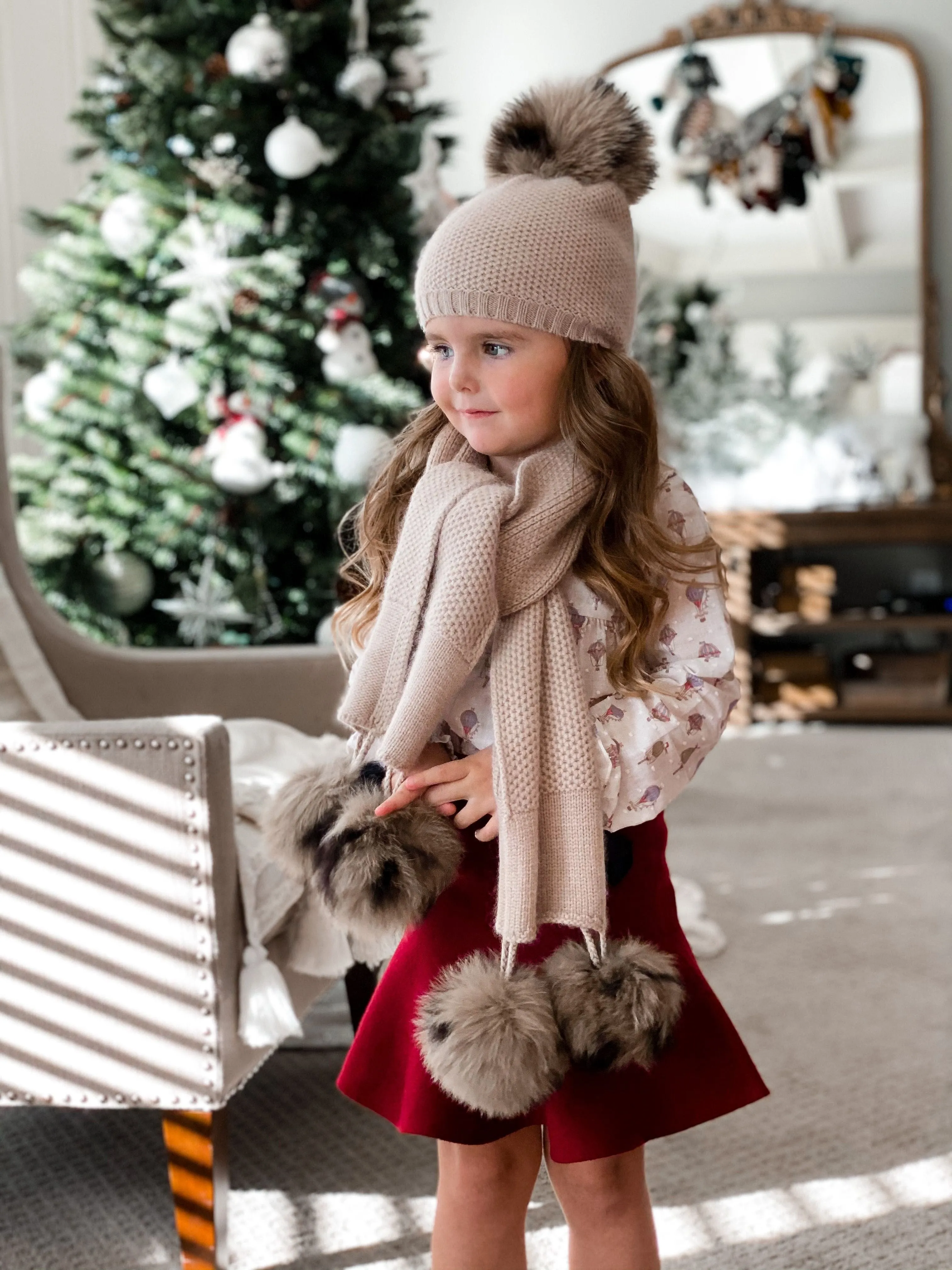 Honeycomb Beige Cashmere Beanie with Animal Print Poms