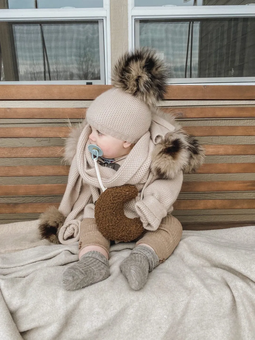 Honeycomb Beige Cashmere Beanie with Animal Print Poms