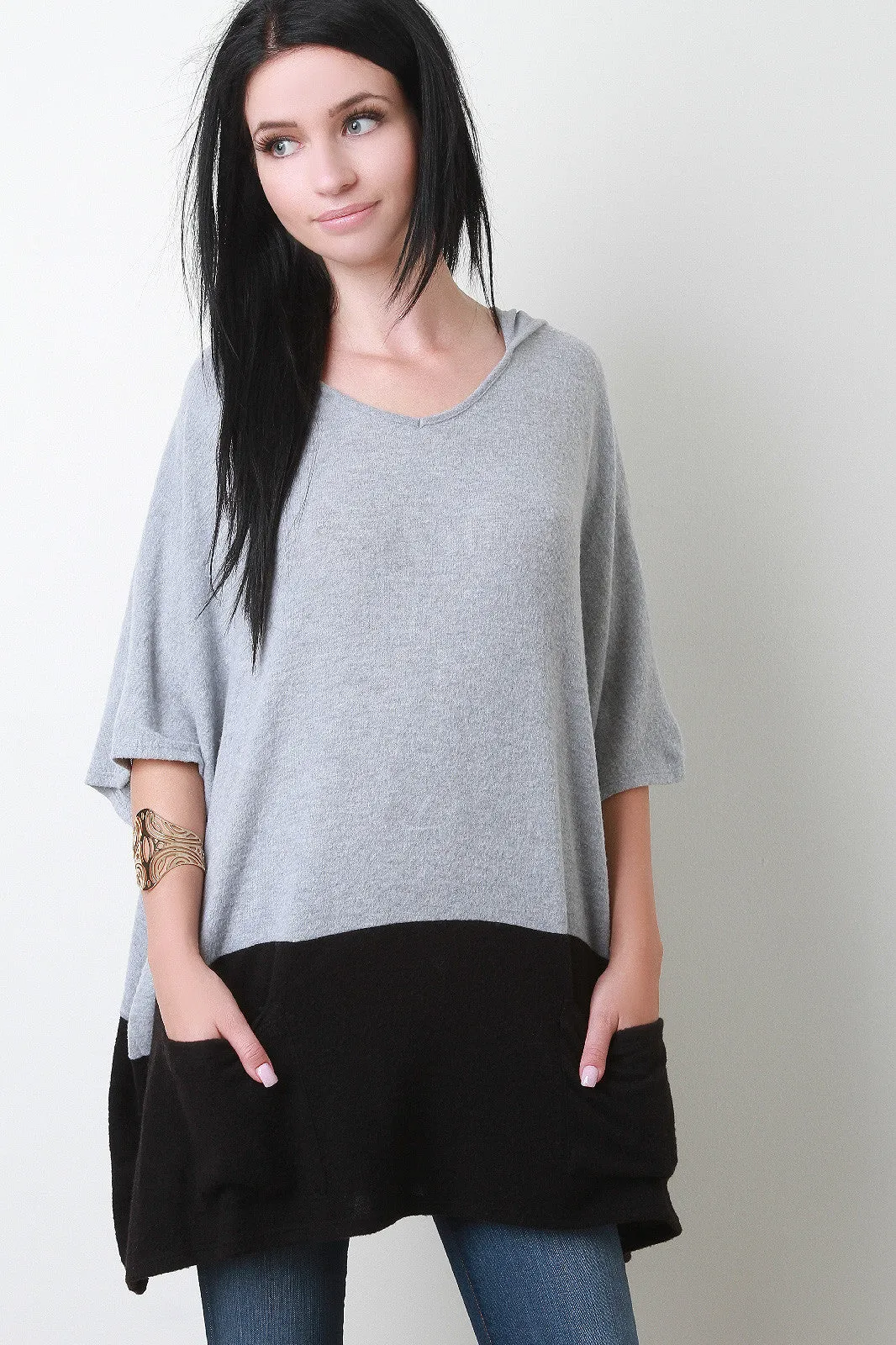 Hooded Two-Tone Batwing Sleeve Sweater