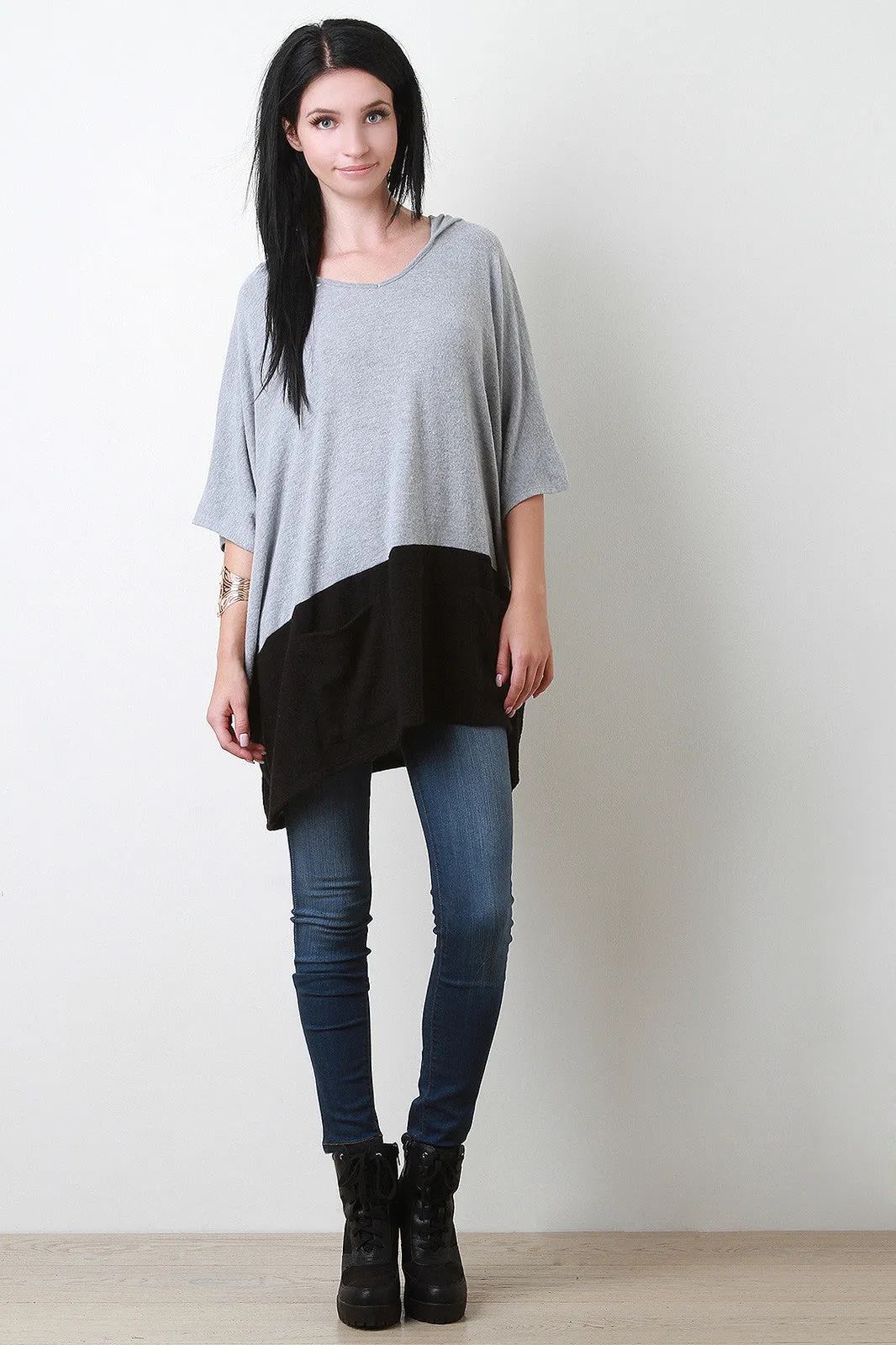 Hooded Two-Tone Batwing Sleeve Sweater