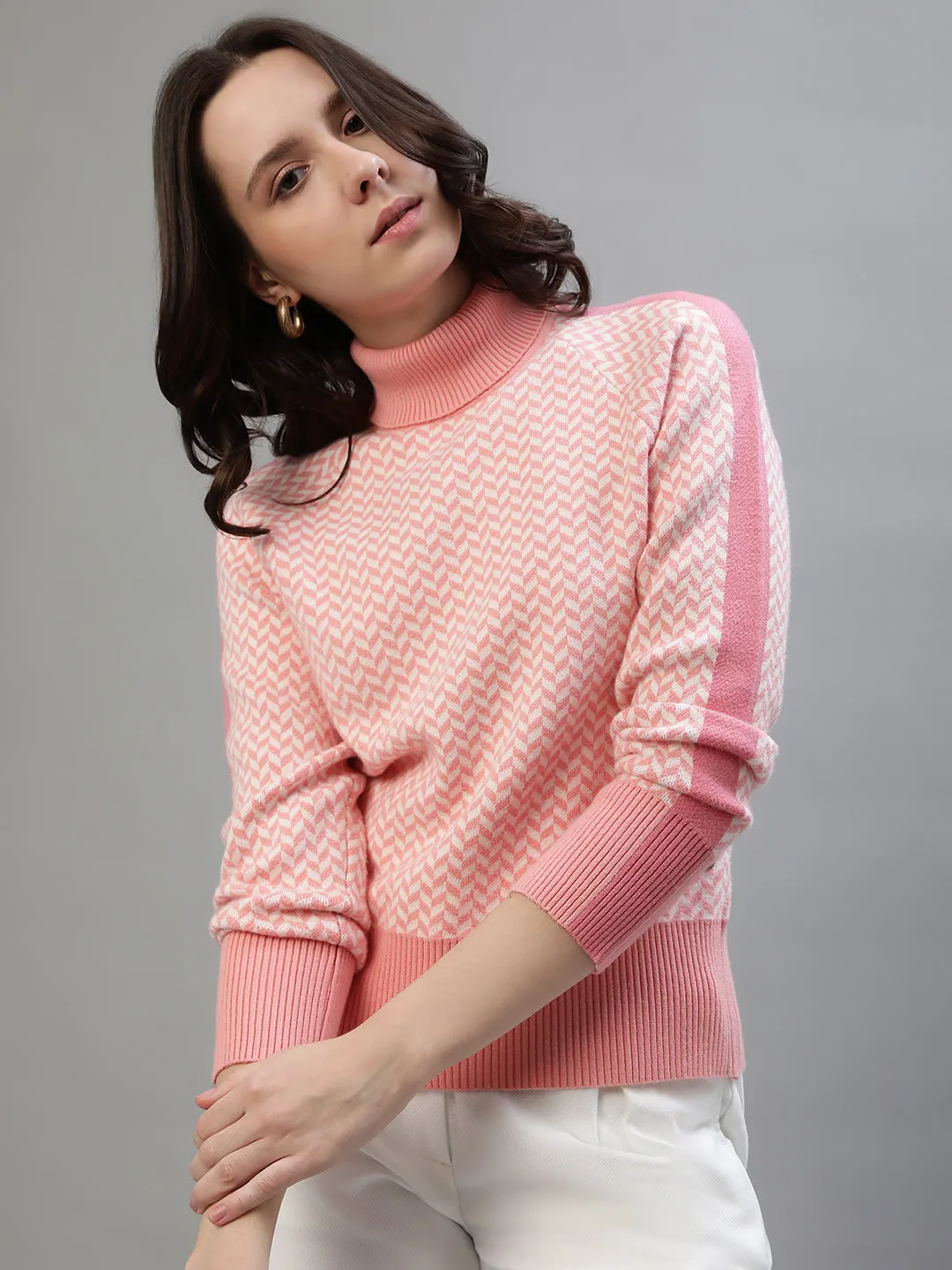 Iconic Women Pink Printed Turtle Neck Full Sleeves Sweater