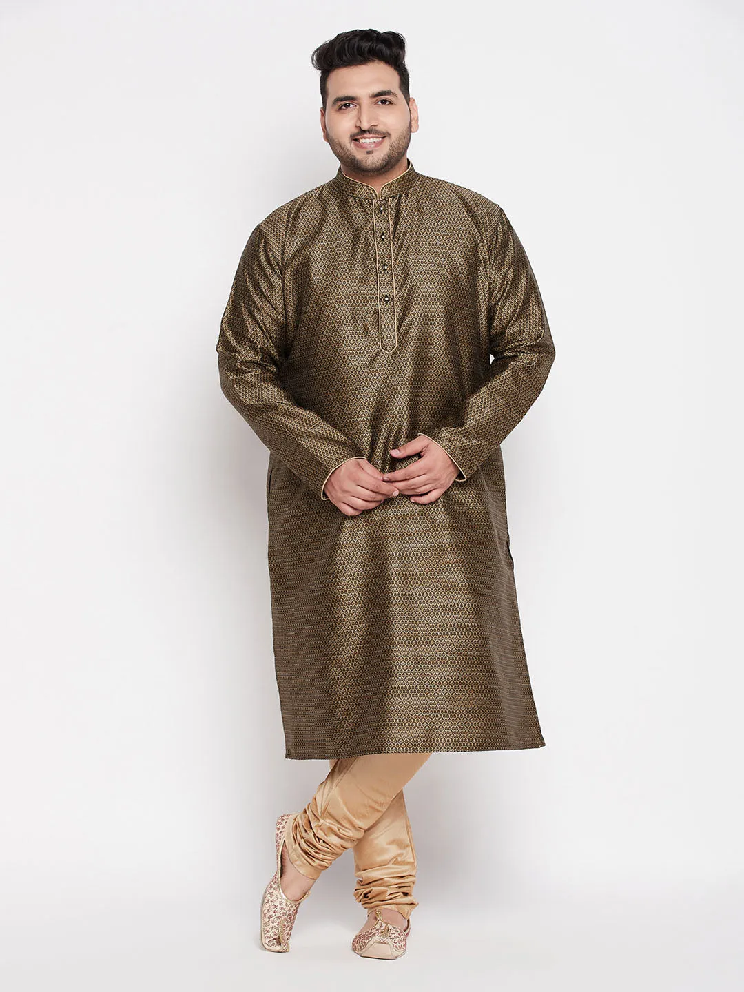 Jashvi Men's Plus Size Black Woven Kurta And Rose Gold Pyjama Set