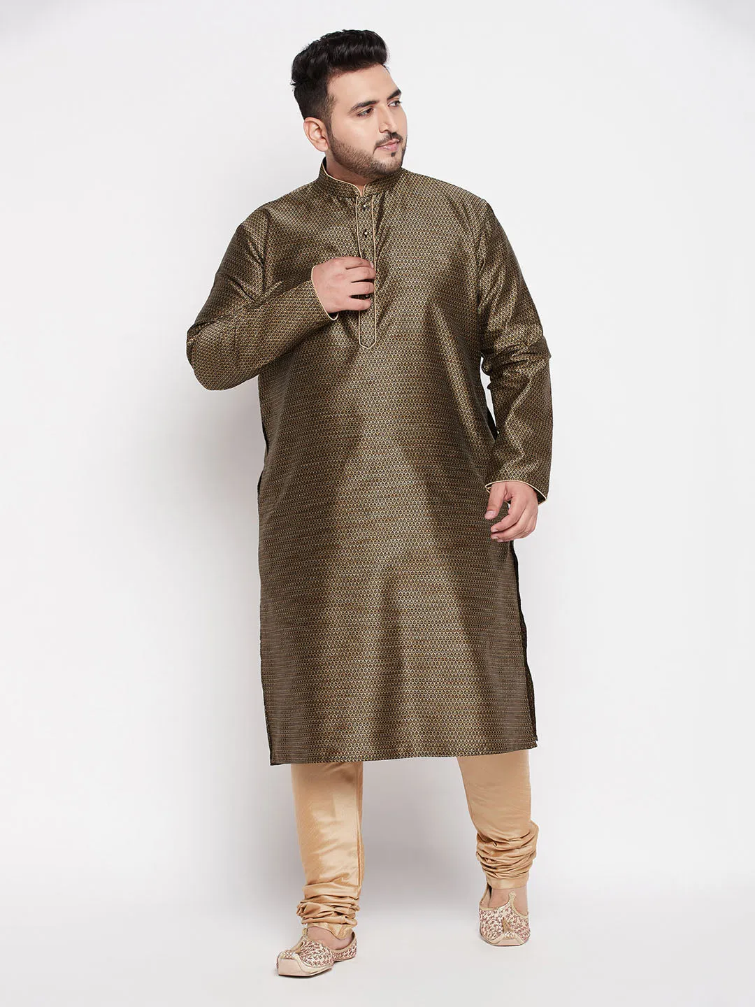 Jashvi Men's Plus Size Black Woven Kurta And Rose Gold Pyjama Set