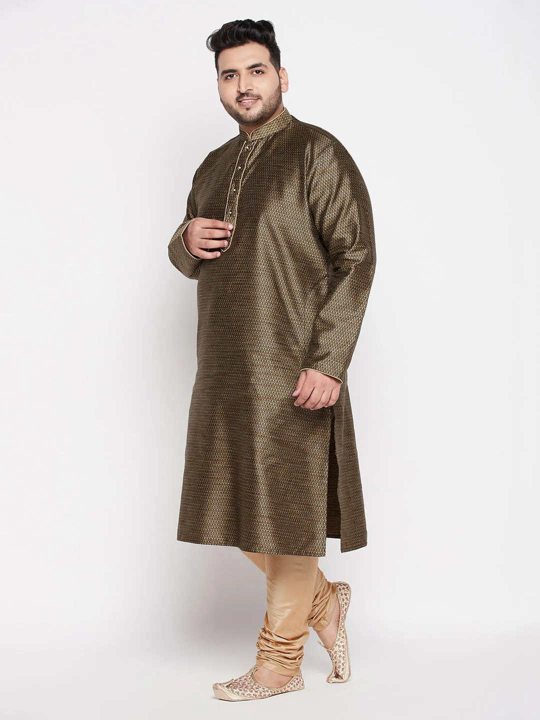 Jashvi Men's Plus Size Black Woven Kurta And Rose Gold Pyjama Set