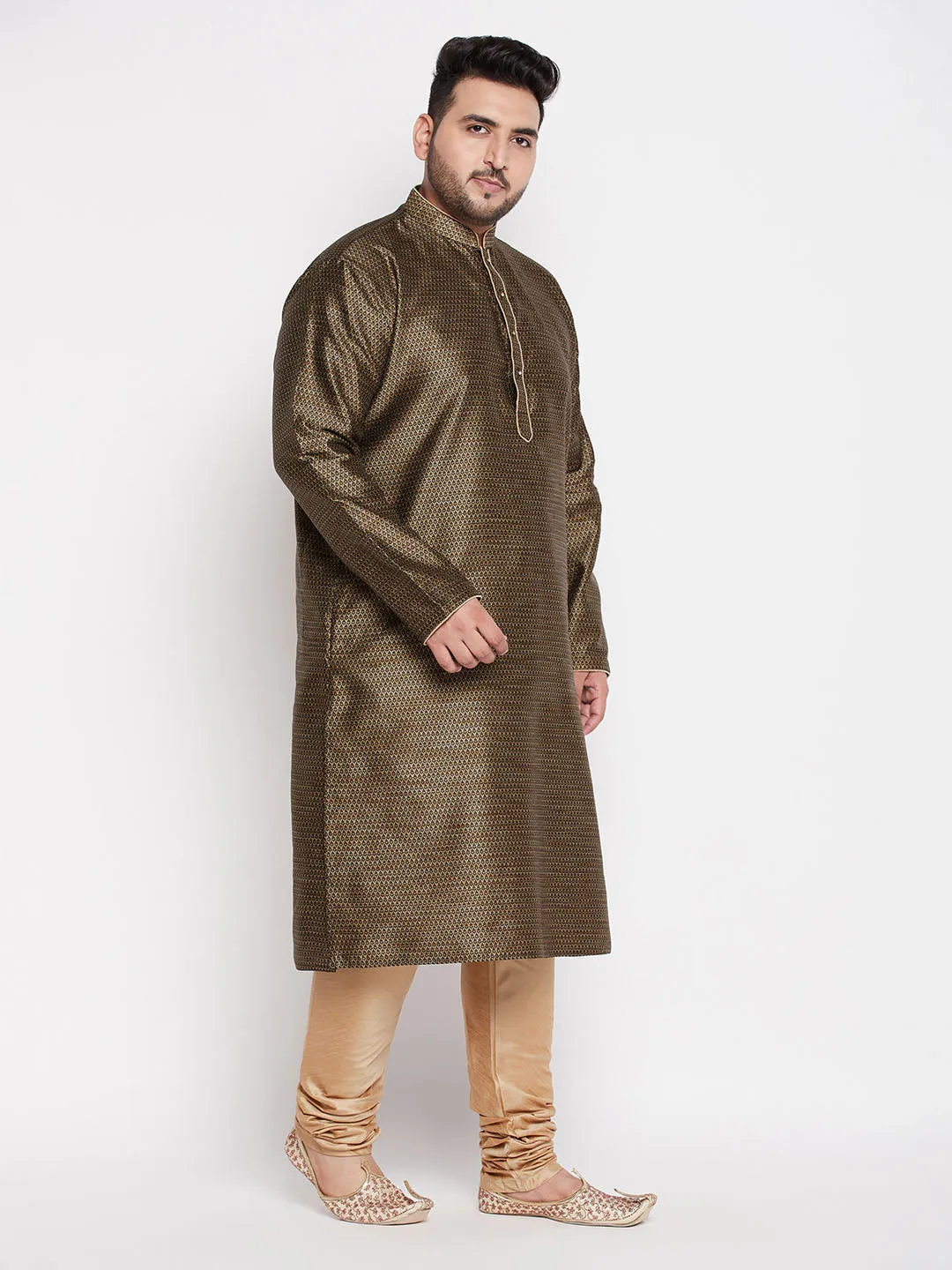 Jashvi Men's Plus Size Black Woven Kurta And Rose Gold Pyjama Set