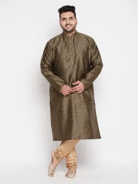 Jashvi Men's Plus Size Black Woven Kurta And Rose Gold Pyjama Set