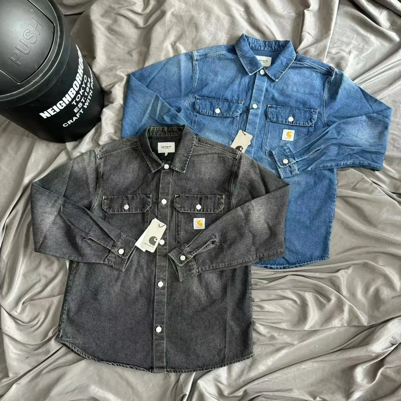 Jinquedai carhartt jacket outfit New Heavy Washed Pocket Workwear Denim Shirt Loose American Retro Coat Jacket