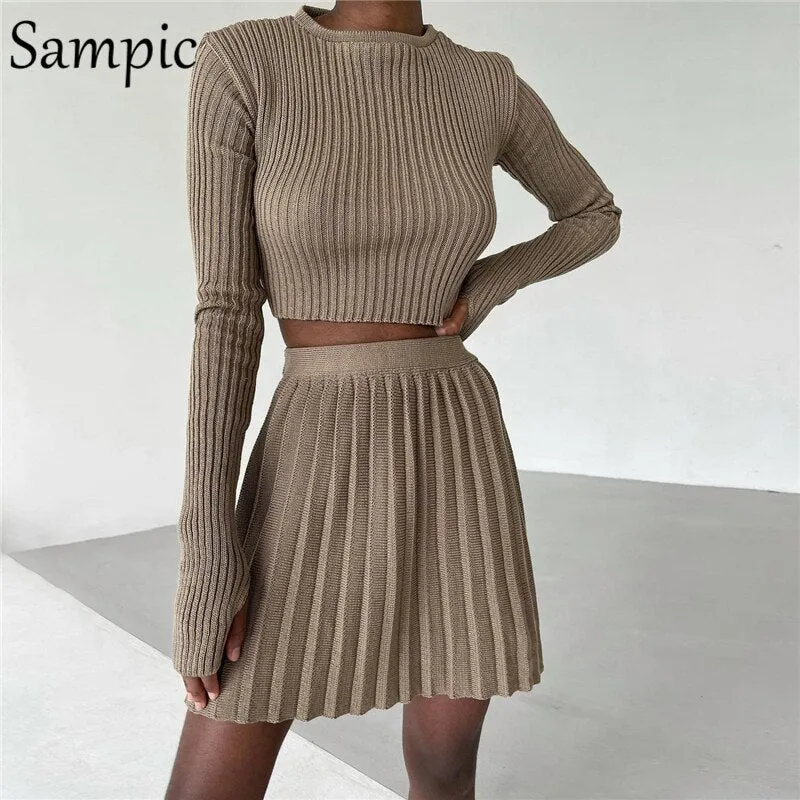 Joskaa hoco dresses Christmas Gift Sampic Casual Women 2024 Knitted Pleated Dress Skirt Suit Skinny Sweater Shirt Tops And High Waisted Mini Skirt Two Piece Set