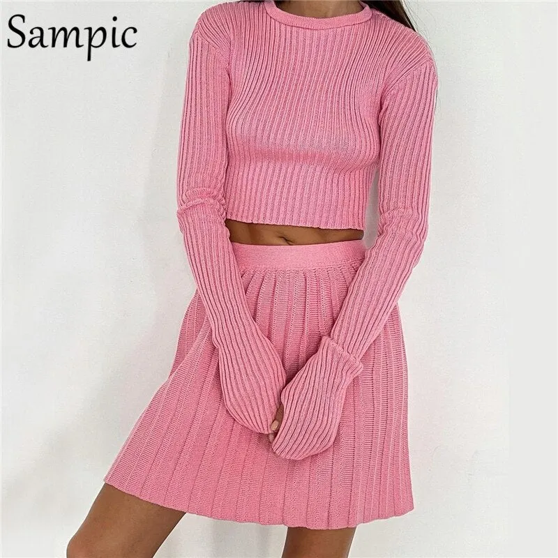 Joskaa hoco dresses Christmas Gift Sampic Casual Women 2024 Knitted Pleated Dress Skirt Suit Skinny Sweater Shirt Tops And High Waisted Mini Skirt Two Piece Set