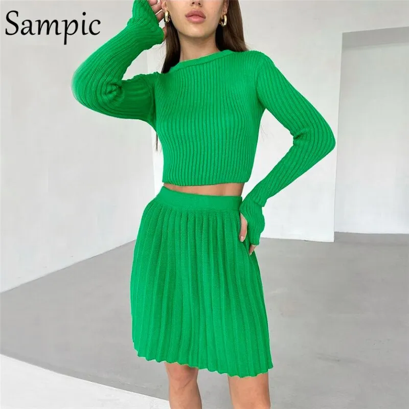 Joskaa hoco dresses Christmas Gift Sampic Casual Women 2024 Knitted Pleated Dress Skirt Suit Skinny Sweater Shirt Tops And High Waisted Mini Skirt Two Piece Set