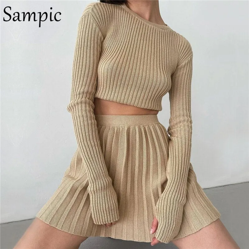 Joskaa hoco dresses Christmas Gift Sampic Casual Women 2024 Knitted Pleated Dress Skirt Suit Skinny Sweater Shirt Tops And High Waisted Mini Skirt Two Piece Set