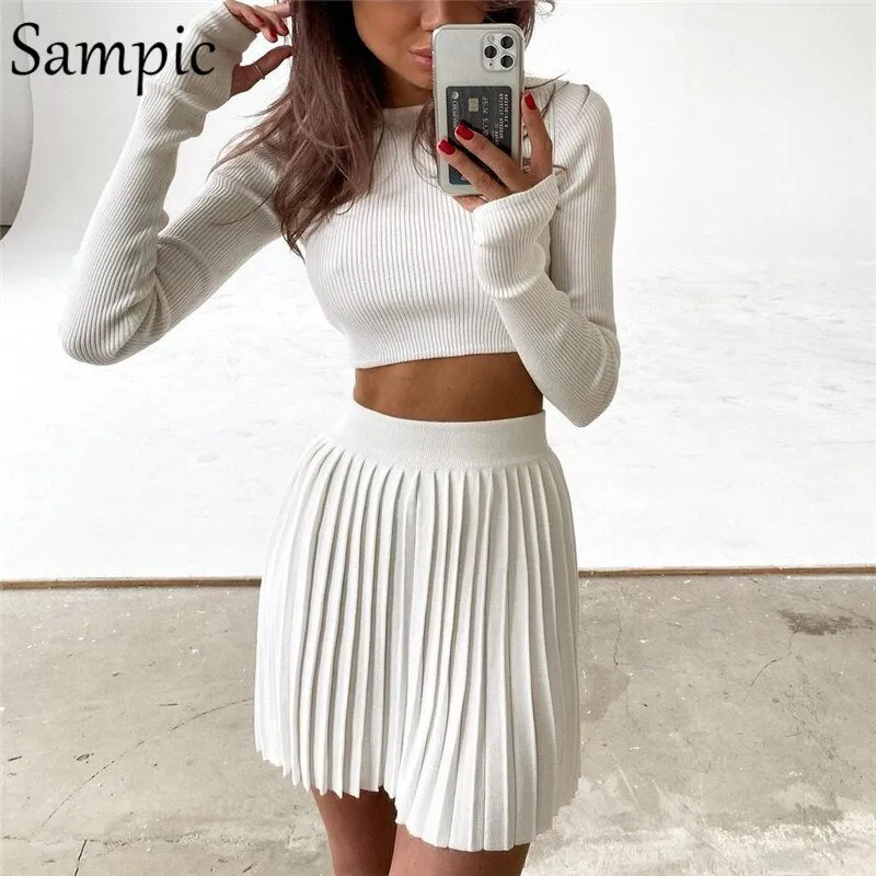 Joskaa hoco dresses Christmas Gift Sampic Casual Women 2024 Knitted Pleated Dress Skirt Suit Skinny Sweater Shirt Tops And High Waisted Mini Skirt Two Piece Set