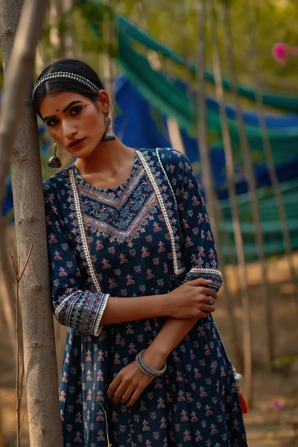 Juniper Indigo Ethnic Motif Printed Pure Cotton Anarkali Dress.