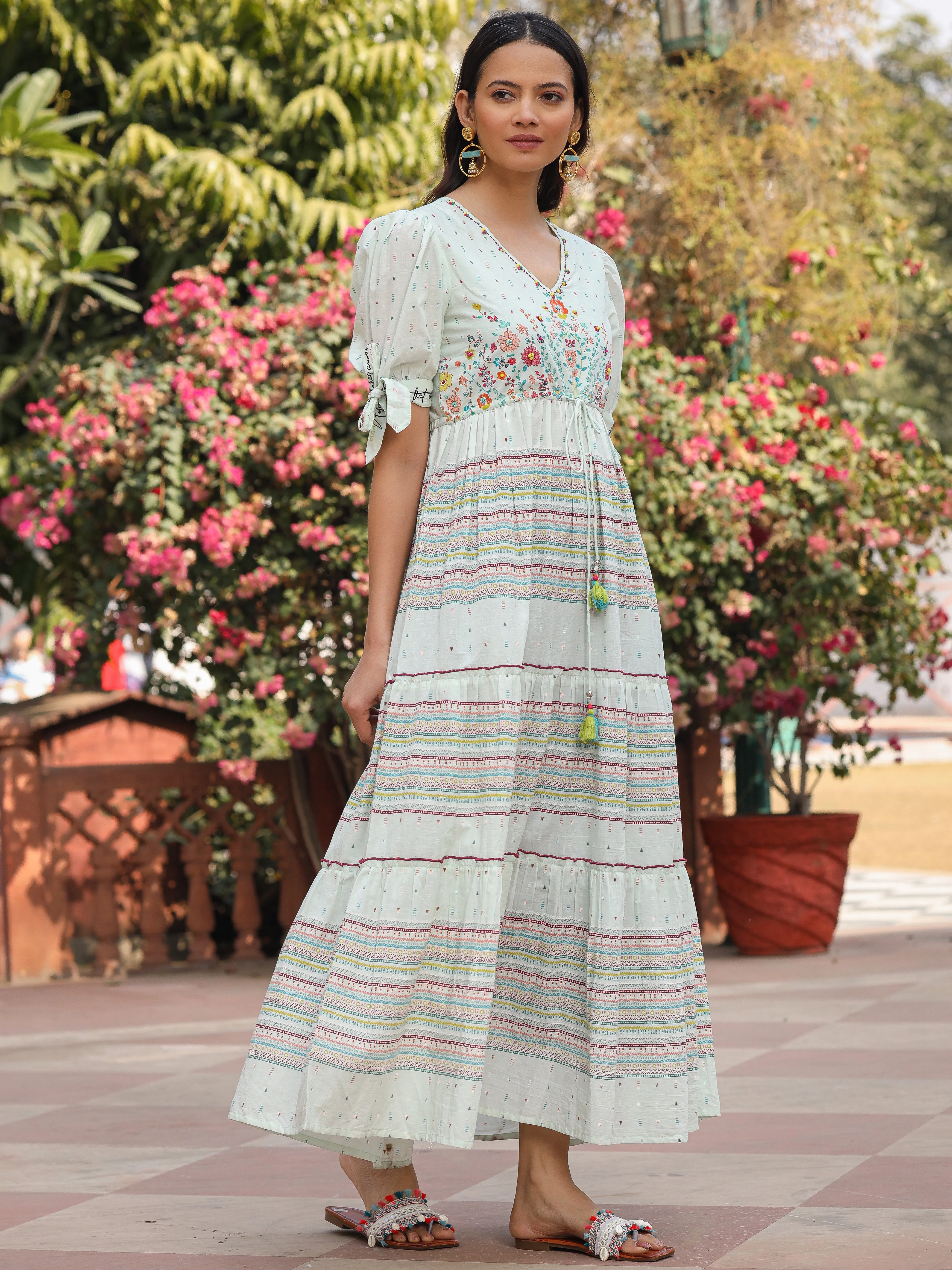 Juniper Mint Wonderland Pure Cotton Floral Printed Maxi Dress With Beads Tassels Kantha & Contrast 3D Work