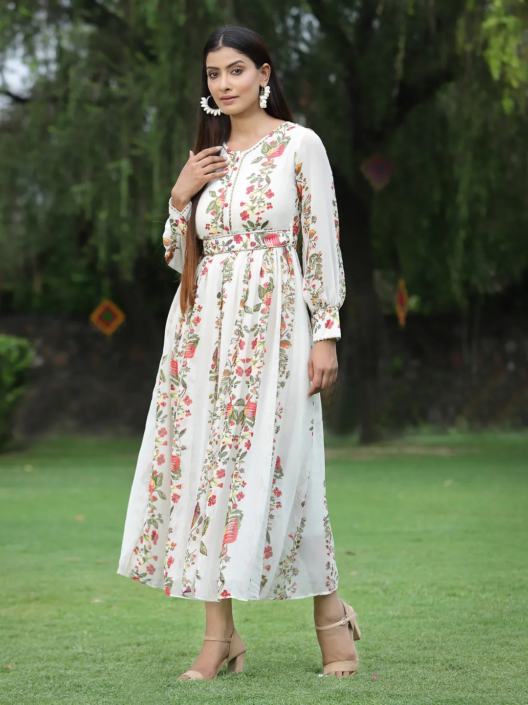 Juniper Off-White Floral Printed Chiffon Flared Maxi Dress.