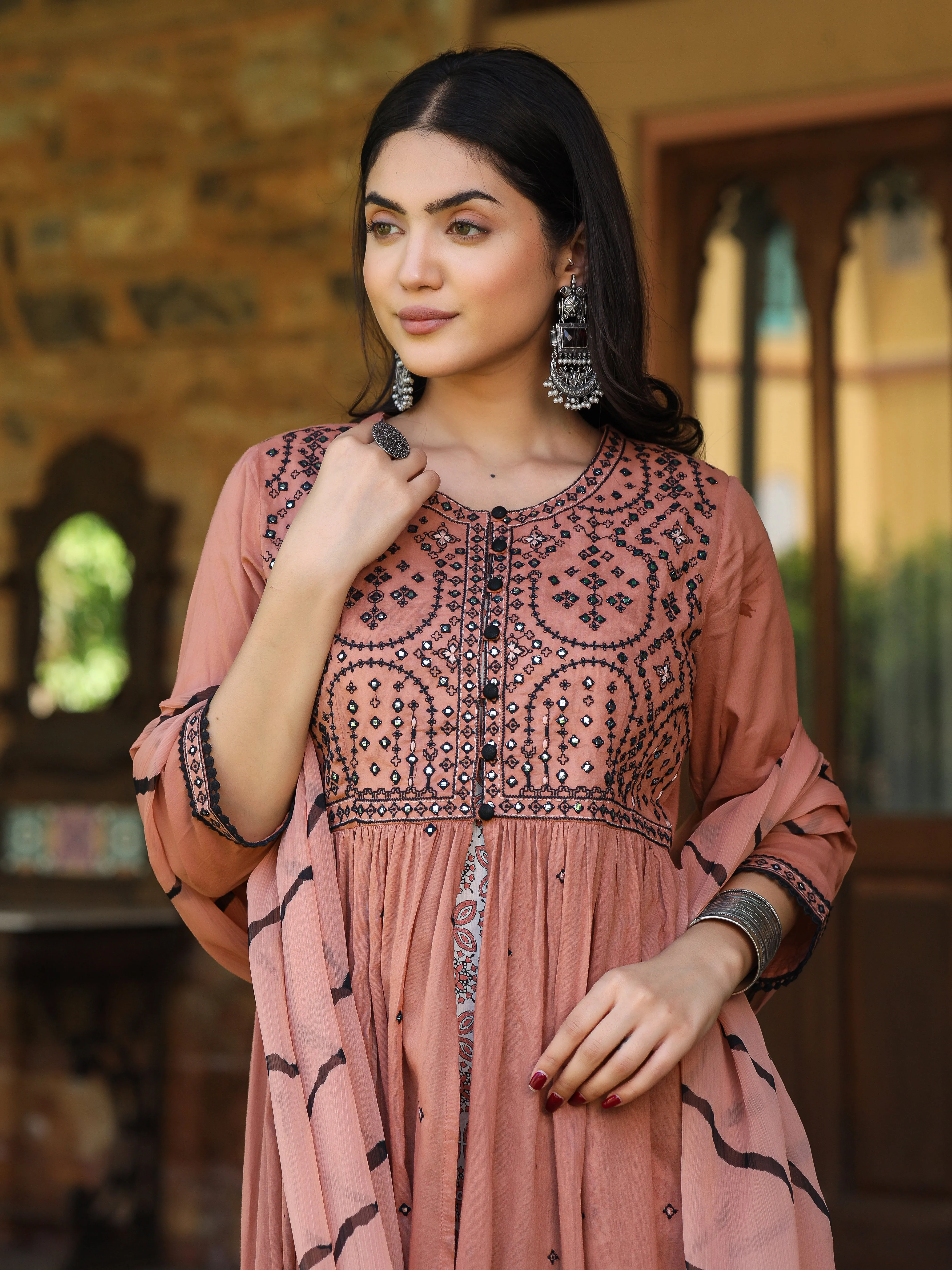 Juniper Onion Pink & Black Cotton  Embroidered Anarkali Dress With Jacket & Tie-Dye Dupatta