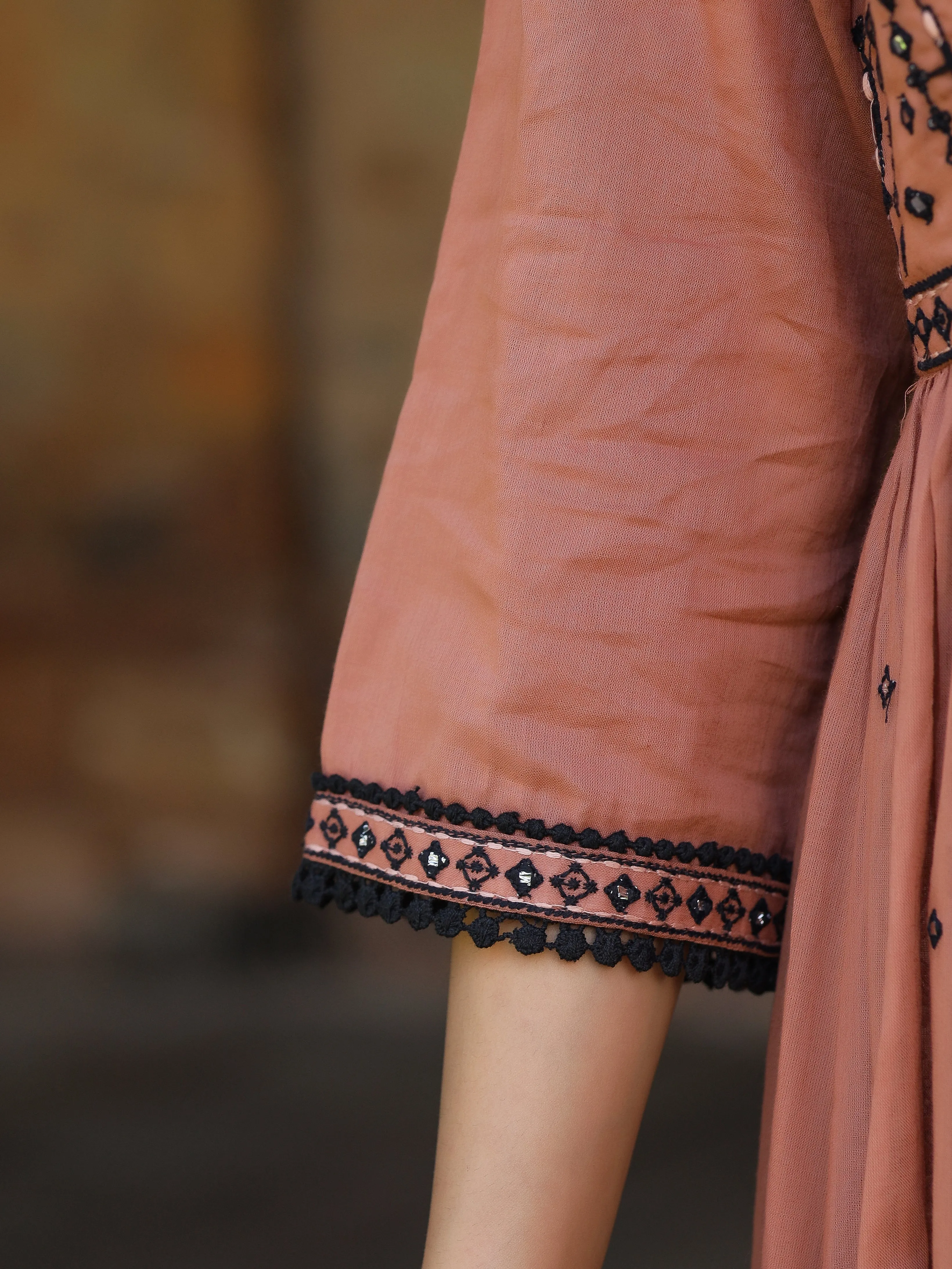 Juniper Onion Pink & Black Cotton  Embroidered Anarkali Dress With Jacket & Tie-Dye Dupatta