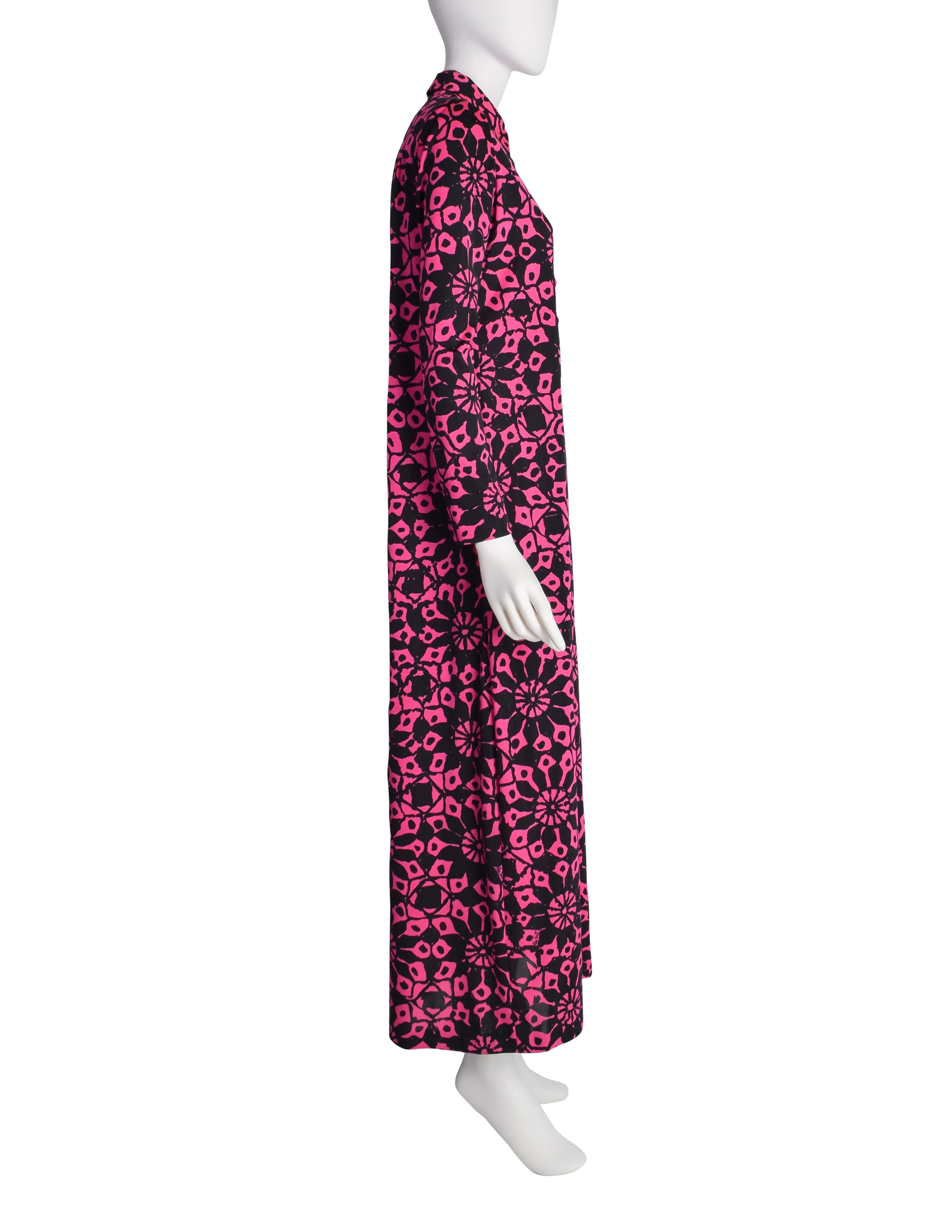 Ken Scott Vintage 1970s Vibrant Hot Pink and Black Floral Print Maxi Shirt Dress