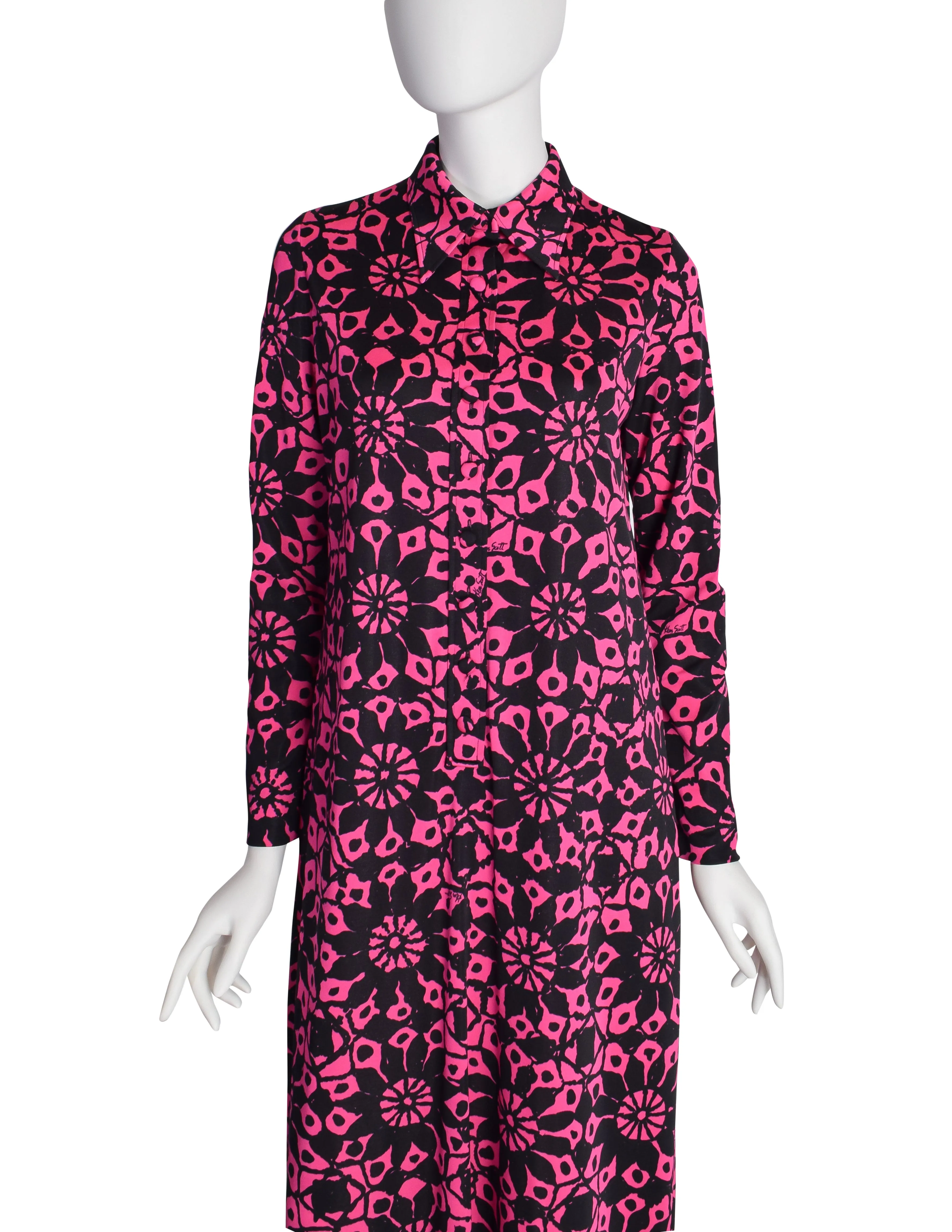 Ken Scott Vintage 1970s Vibrant Hot Pink and Black Floral Print Maxi Shirt Dress