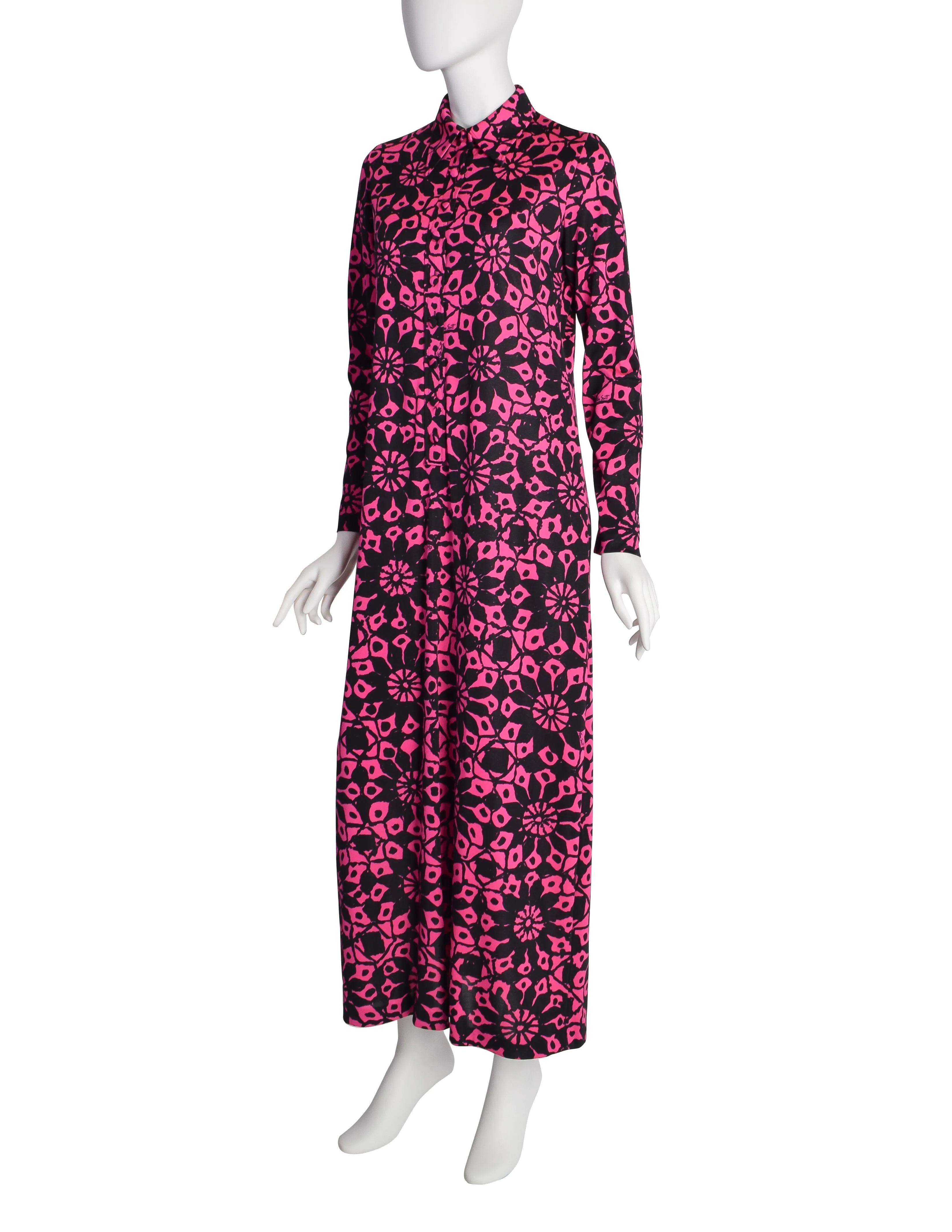 Ken Scott Vintage 1970s Vibrant Hot Pink and Black Floral Print Maxi Shirt Dress