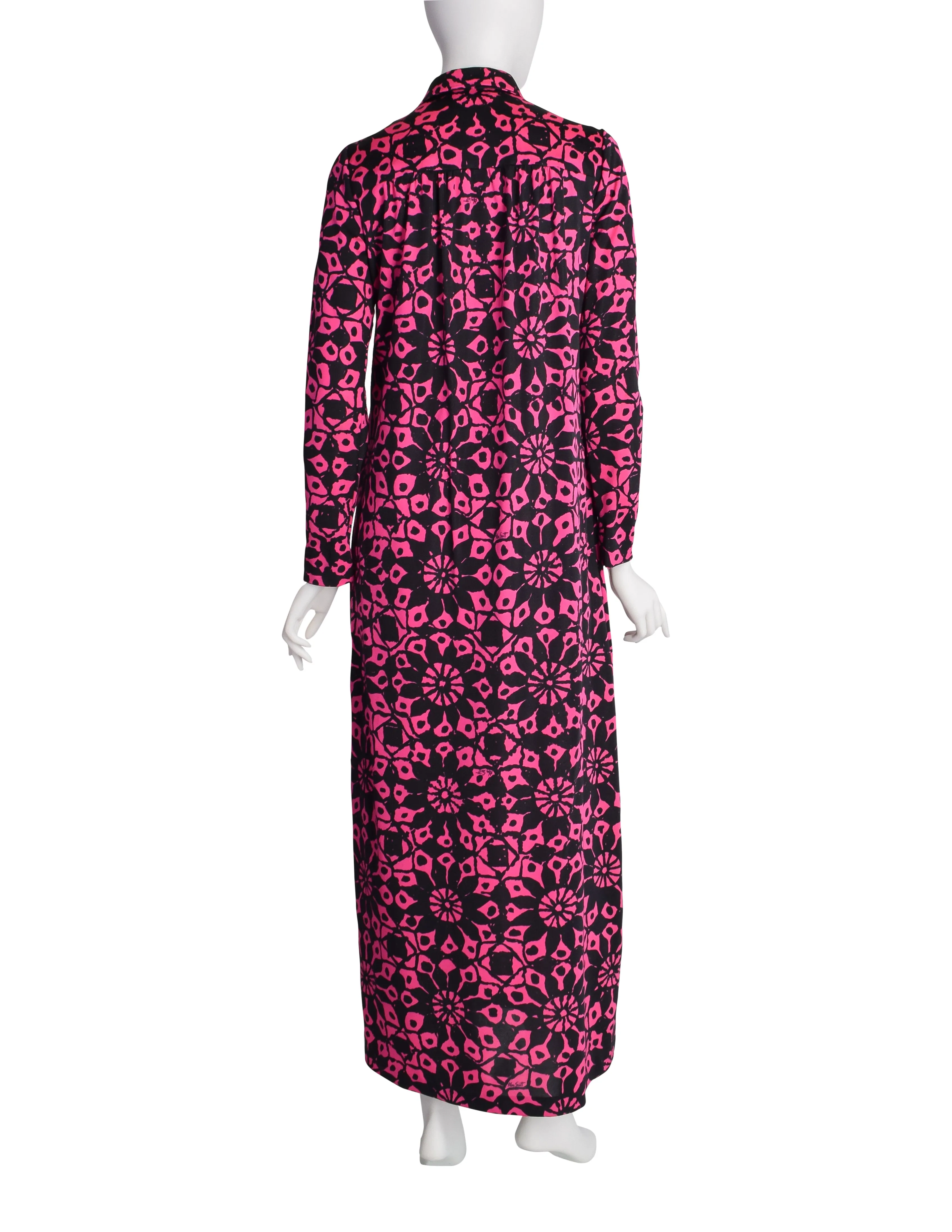 Ken Scott Vintage 1970s Vibrant Hot Pink and Black Floral Print Maxi Shirt Dress