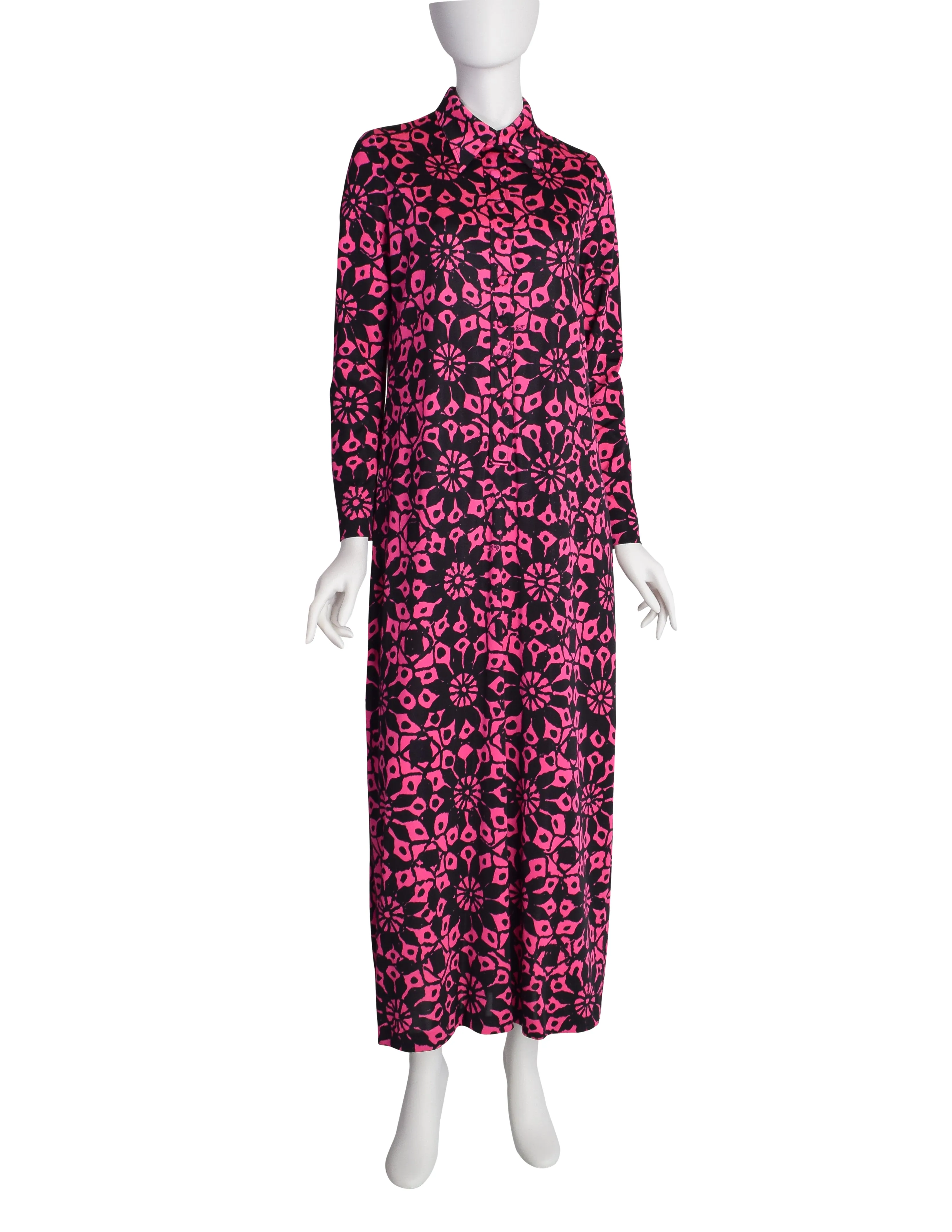 Ken Scott Vintage 1970s Vibrant Hot Pink and Black Floral Print Maxi Shirt Dress