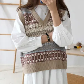 KittenAlarm - Sleeveless Retro Pattern Short Knitted Vest Sweater