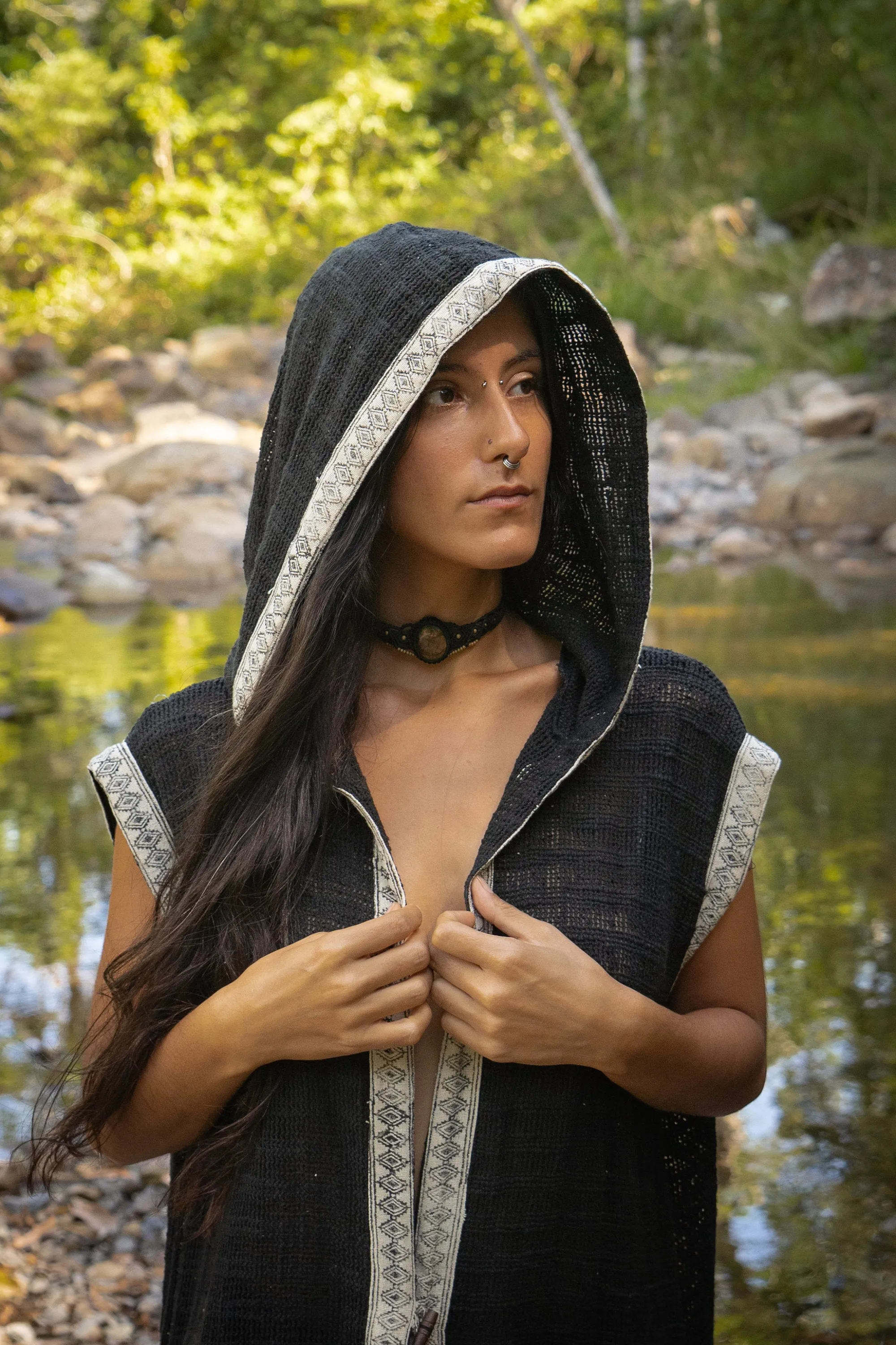 LALIKA Womens Vest Black Long Hooded Large Hood Natural Netted Cotton Festival Ceremony Tribal Dystopian Cyberpunk Steampunk Gypsy AJJAYA