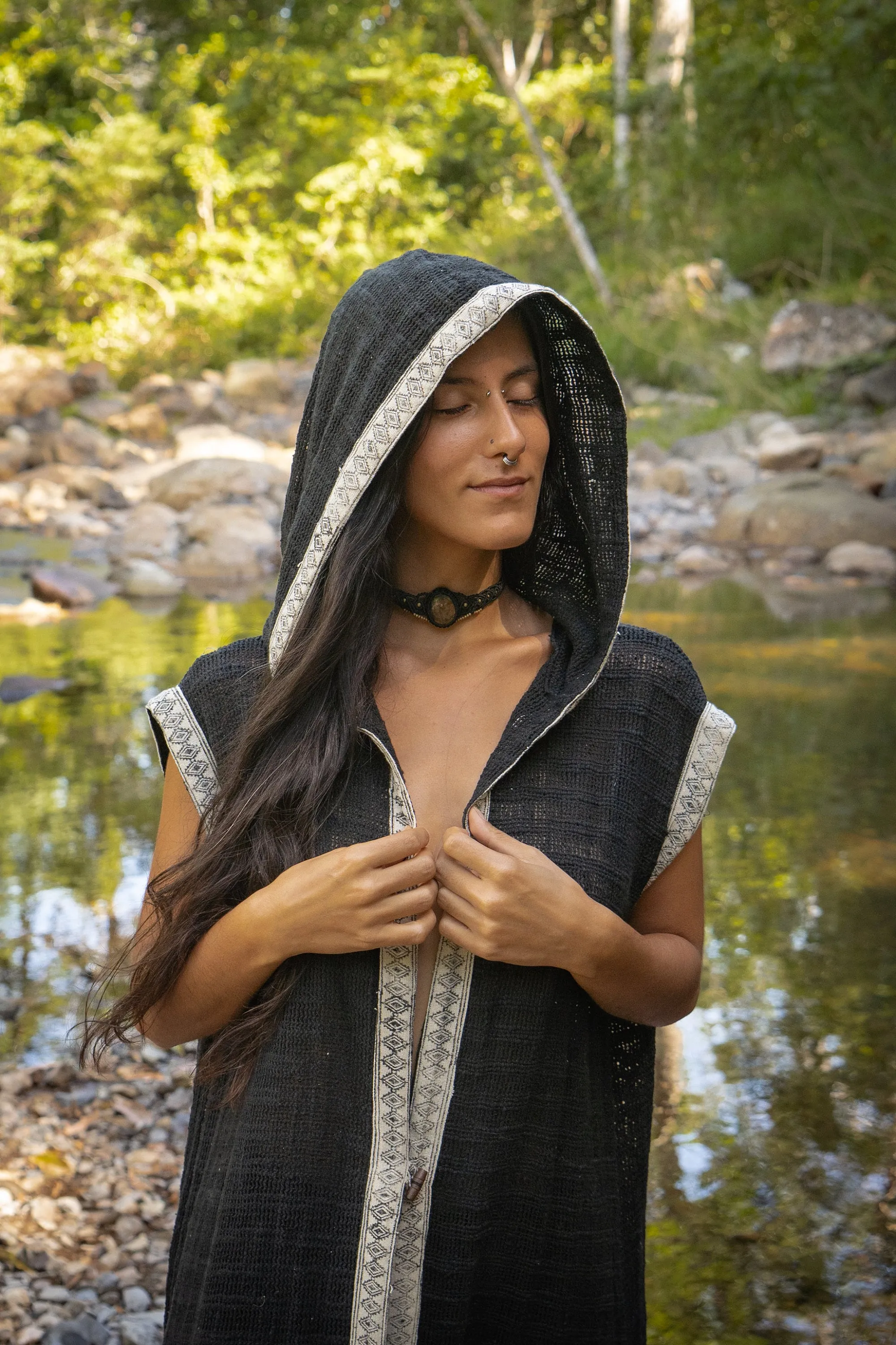 LALIKA Womens Vest Black Long Hooded Large Hood Natural Netted Cotton Festival Ceremony Tribal Dystopian Cyberpunk Steampunk Gypsy AJJAYA