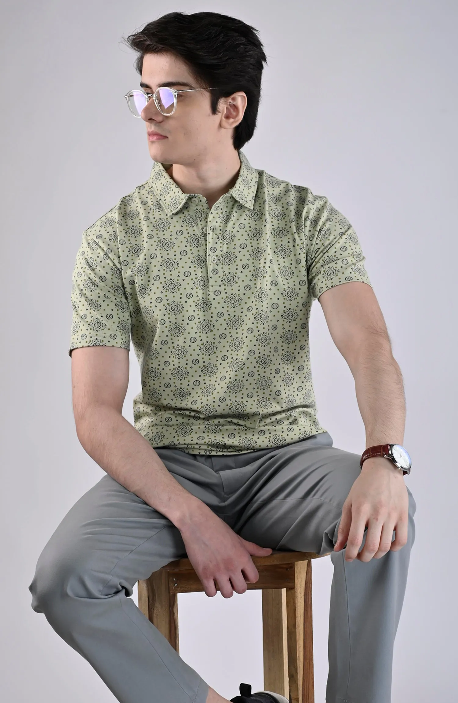 Light Green Printed Polo Shirt