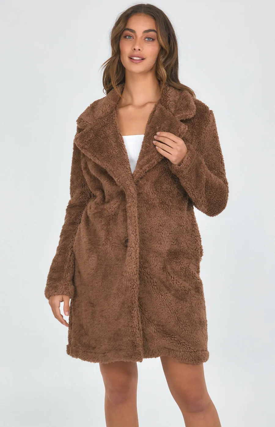 Longline Fluffy Teddy Coat With Functional Pockets