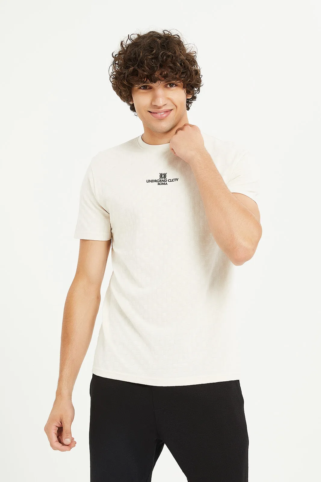 Men Beige Jacquard T-Shirt