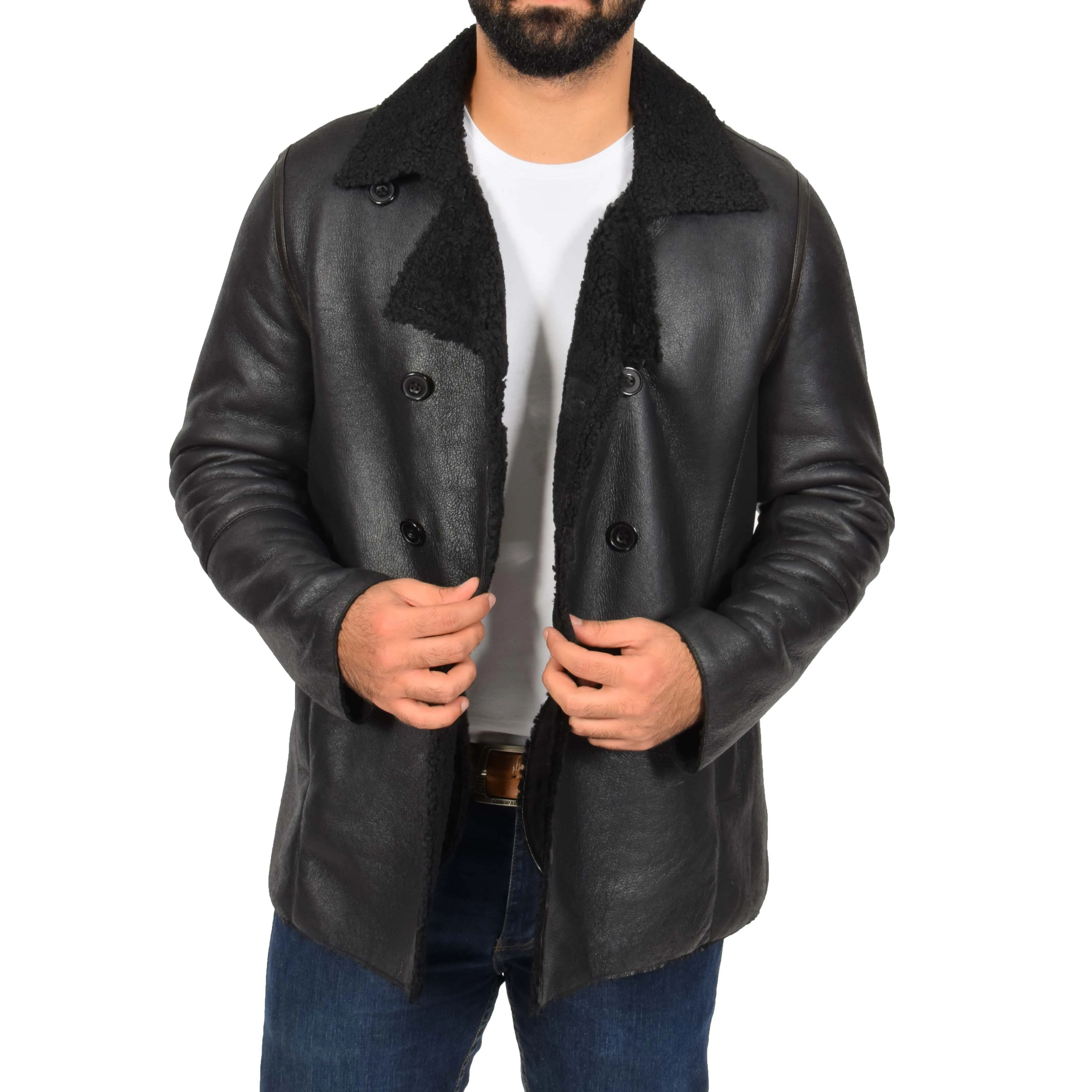 Mens Authentic Sheepskin Jacket Reefer Blazer Pea Coat Lorenzo Black