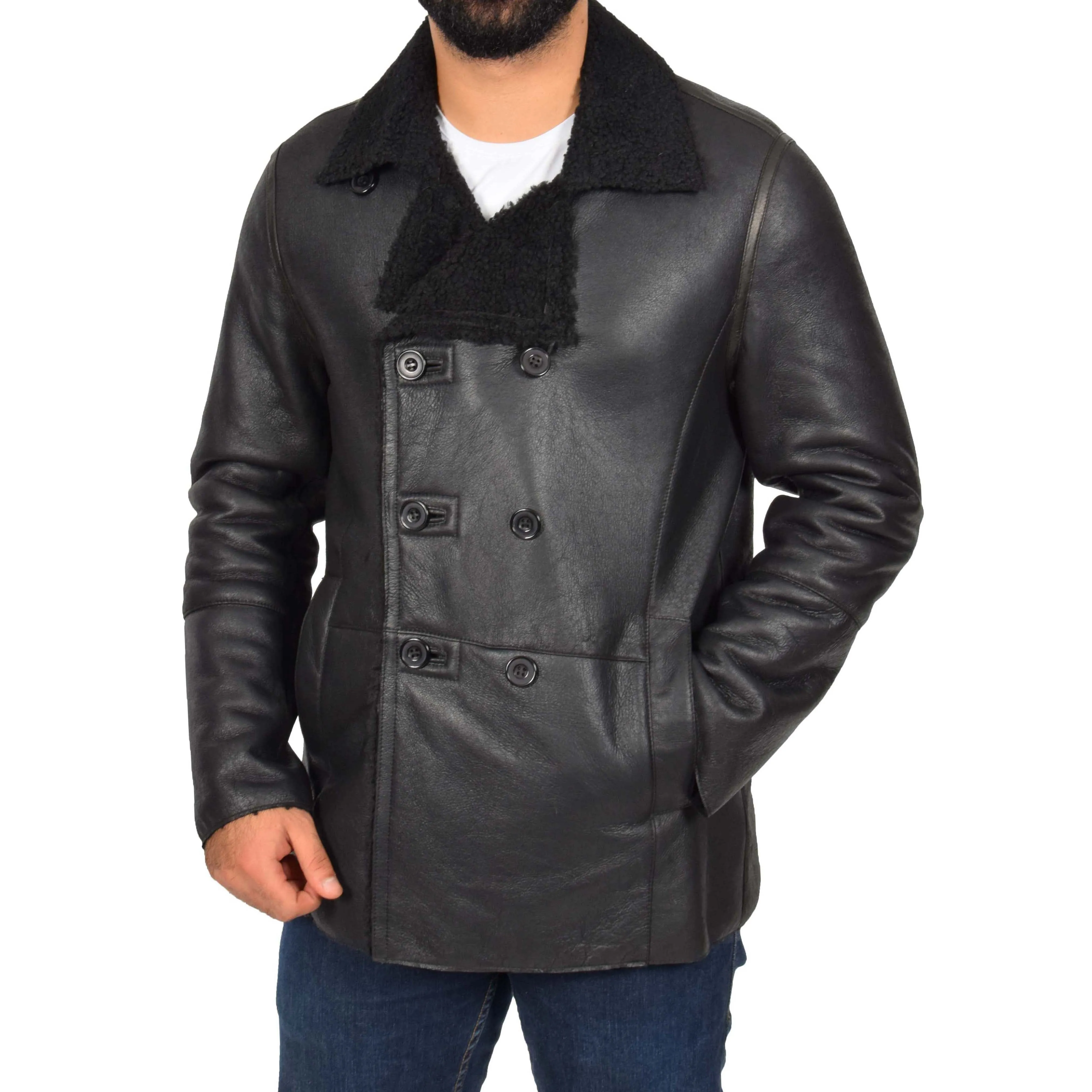 Mens Authentic Sheepskin Jacket Reefer Blazer Pea Coat Lorenzo Black