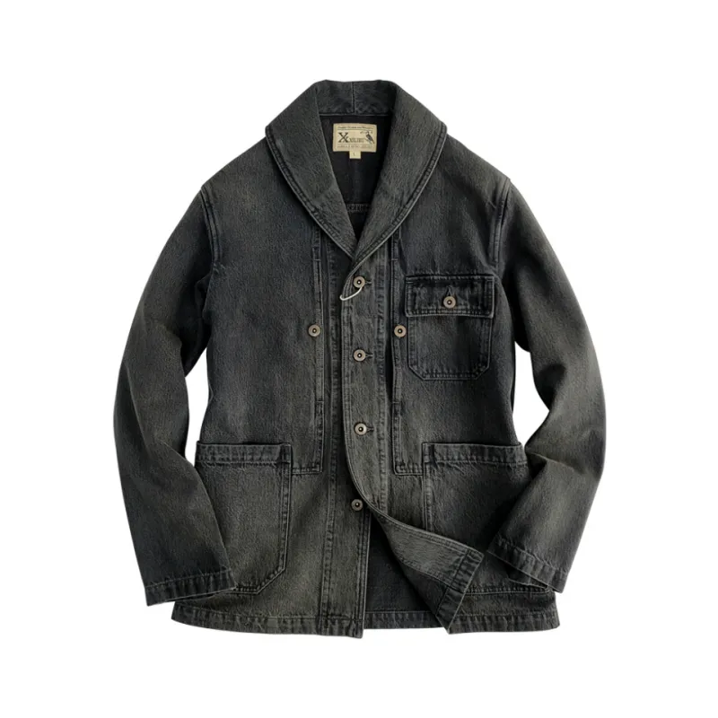 Men's Charcoal Black Shawl Collar Denim Jacket