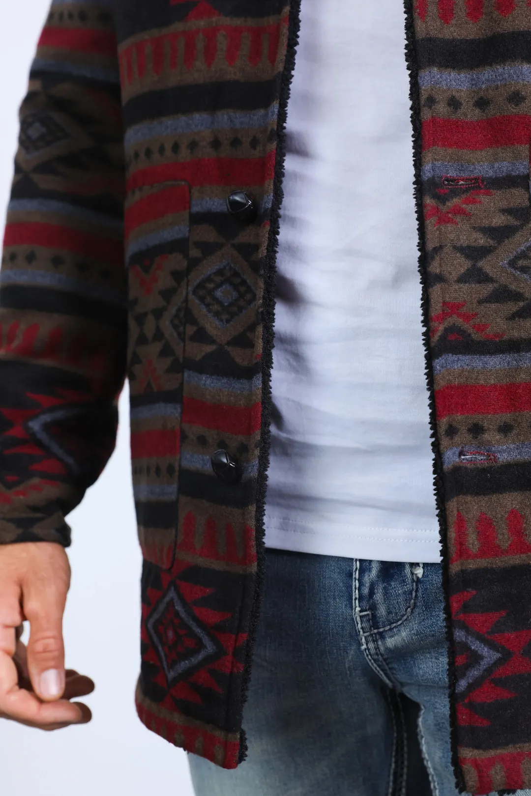 Mens Ethnic Aztec Long Twill Black/Red Coat