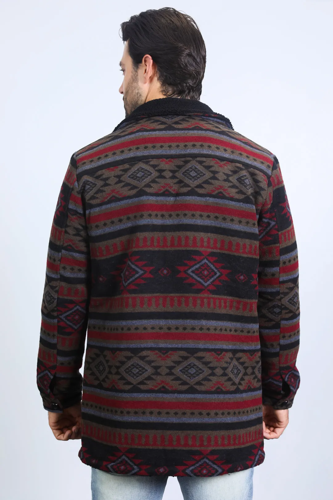 Mens Ethnic Aztec Long Twill Black/Red Coat