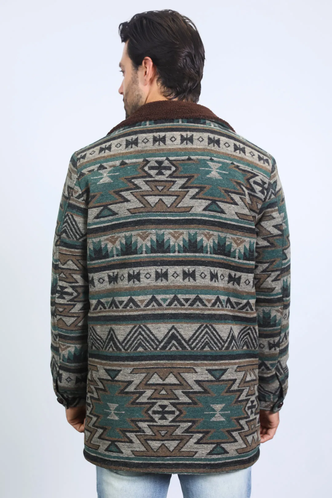 Mens Ethnic Aztec Long Twill Turquoise Coat