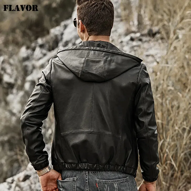 Men's Genuine Leather Jacket with Hood