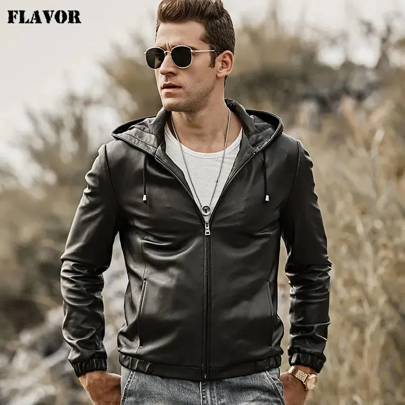 Men's Genuine Leather Jacket with Hood