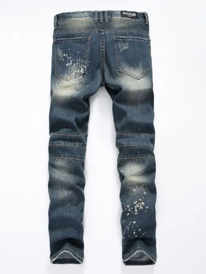 Men's Hole Jeans Mid Waist Straight Slim