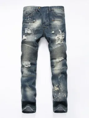 Men's Hole Jeans Mid Waist Straight Slim