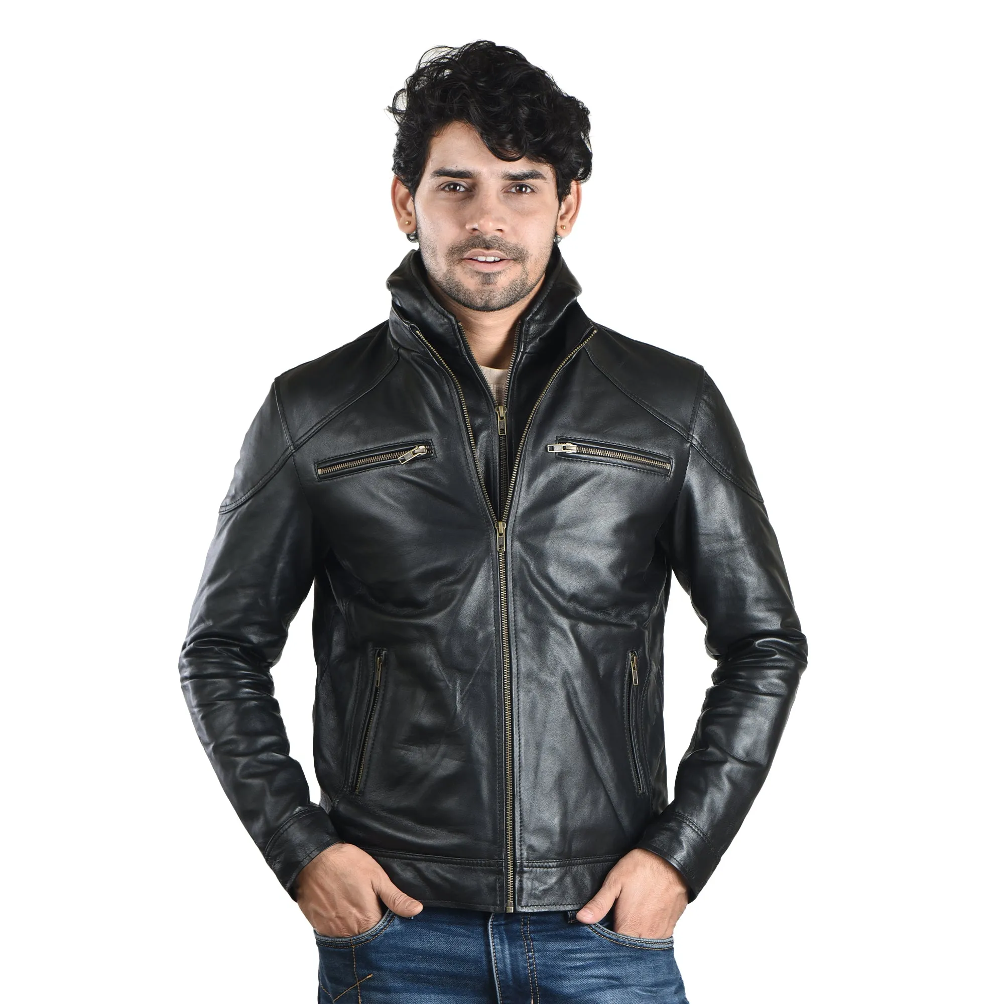 MENS LEATHER HOODED JACKET 41013 (BLACK)