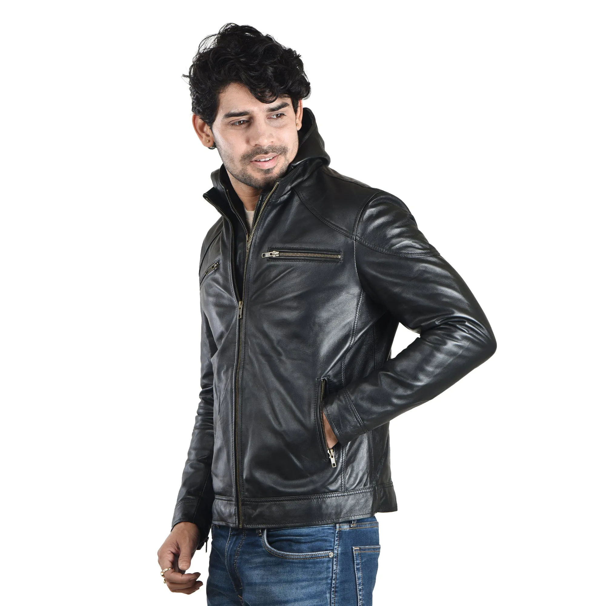 MENS LEATHER HOODED JACKET 41013 (BLACK)