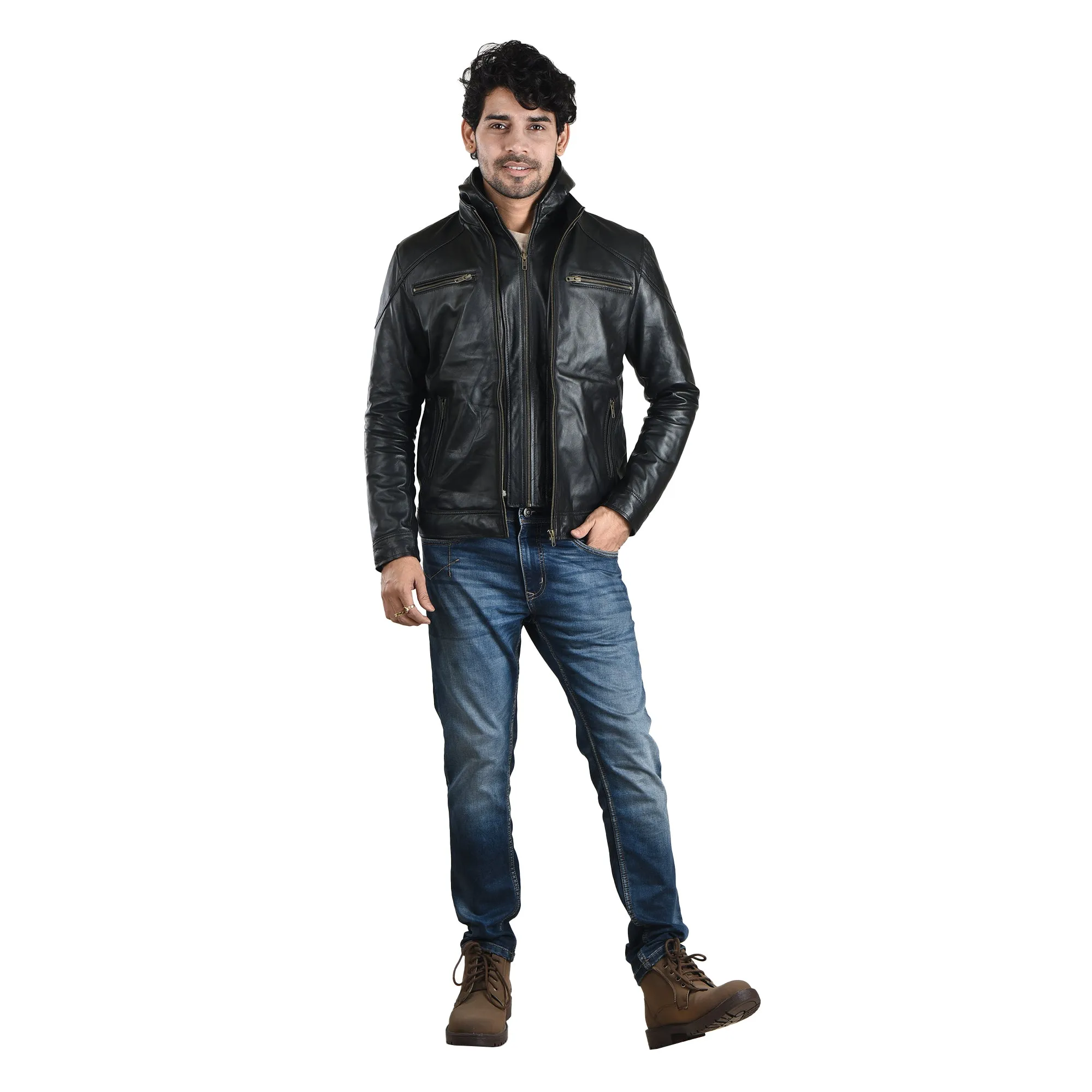 MENS LEATHER HOODED JACKET 41013 (BLACK)