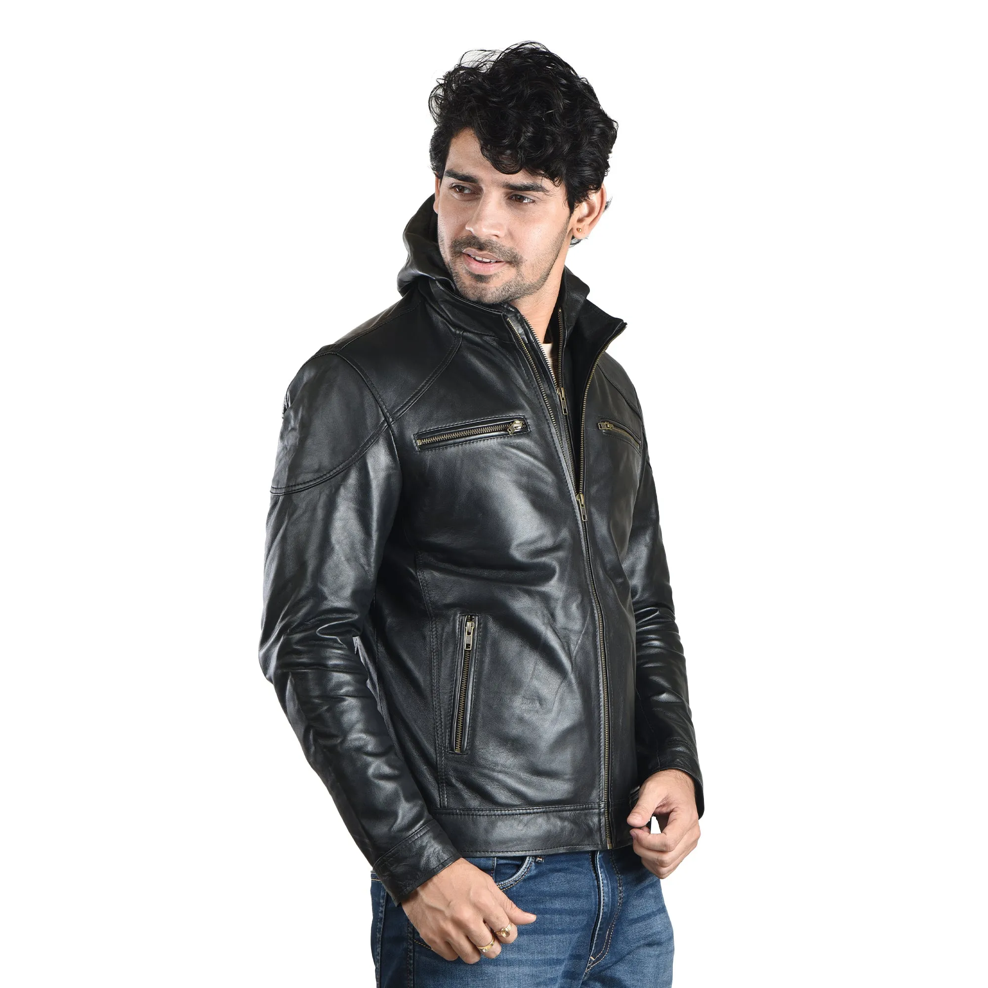 MENS LEATHER HOODED JACKET 41013 (BLACK)