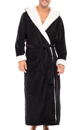 Men’s Long Hooded Sherpa Robe, Hooded Big and Tall Plush Fleece Hoodie Bathrobe Black with Cream 4XL (A0262BLK4X)