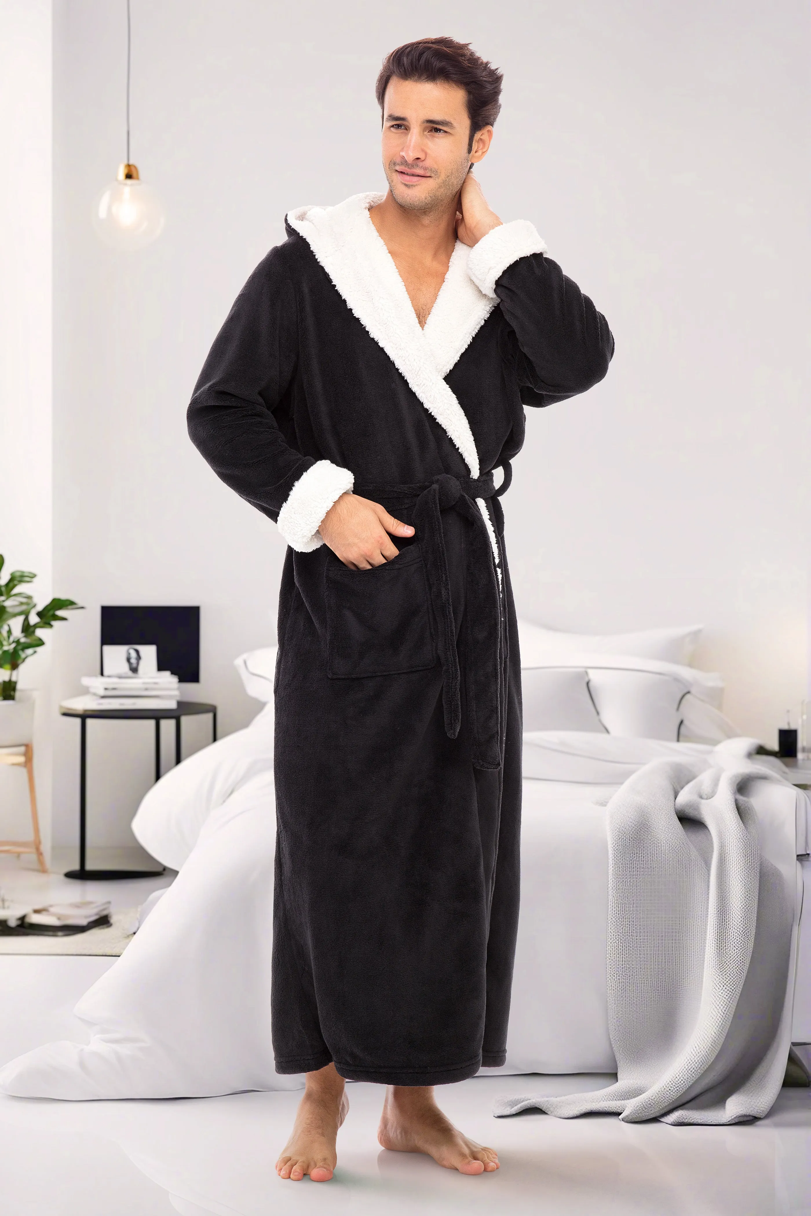 Men’s Long Hooded Sherpa Robe, Hooded Big and Tall Plush Fleece Hoodie Bathrobe Black with Cream 4XL (A0262BLK4X)