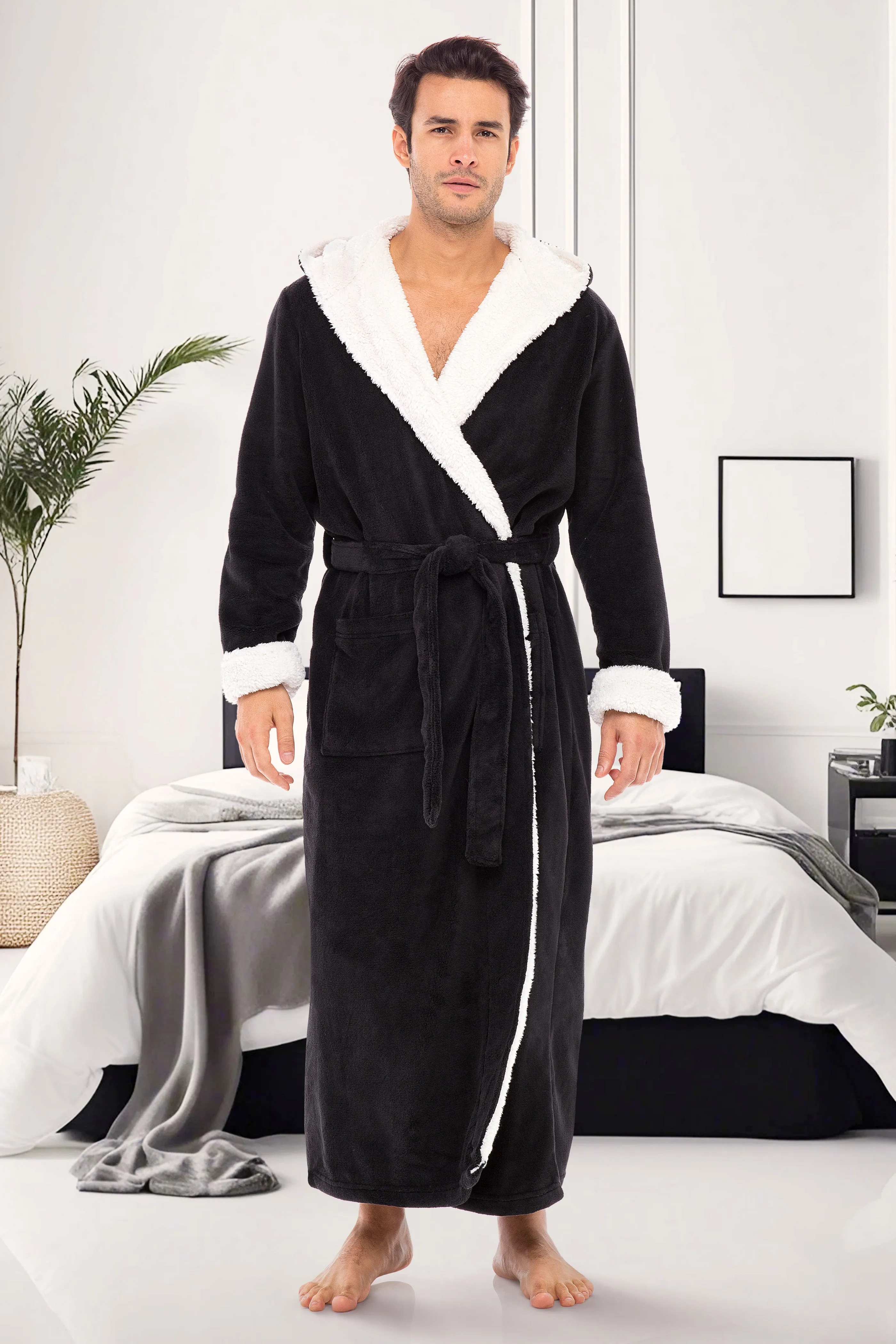 Men’s Long Hooded Sherpa Robe, Hooded Big and Tall Plush Fleece Hoodie Bathrobe Black with Cream 4XL (A0262BLK4X)